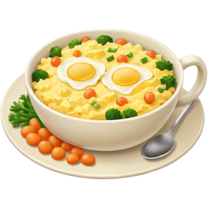 plate with scrambled eggs and veggies,  on the side coffee in cute mug emoji
