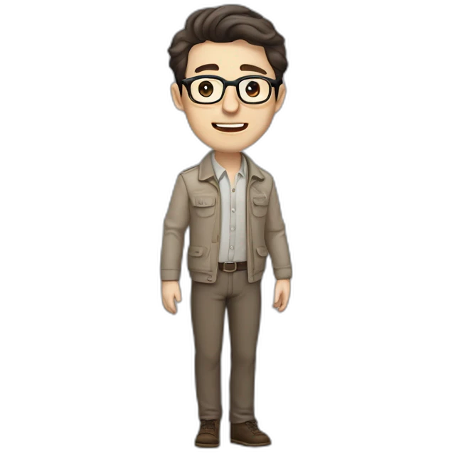 Full height Pale skinned Fit Man With dark brown hair in gray classic jacket, beige office shirt, Brown pants and vintage glasses. Thrumbs of his palms upwards emoji