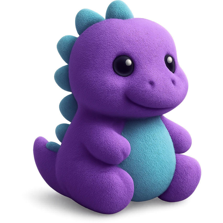 A plush dinosaur with friendly features, round eyes, and soft spikes along its back. The dinosaur has a chubby body and tiny arms. emoji