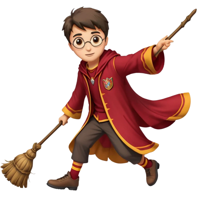 Cartoon-style illustration of Harry Potter flying on a broomstick, Gryffindor red and gold outfit, expressive face, dynamic motion, magical vibe, smooth shading, vibrant colors, no background, transparent background, isolated character. emoji