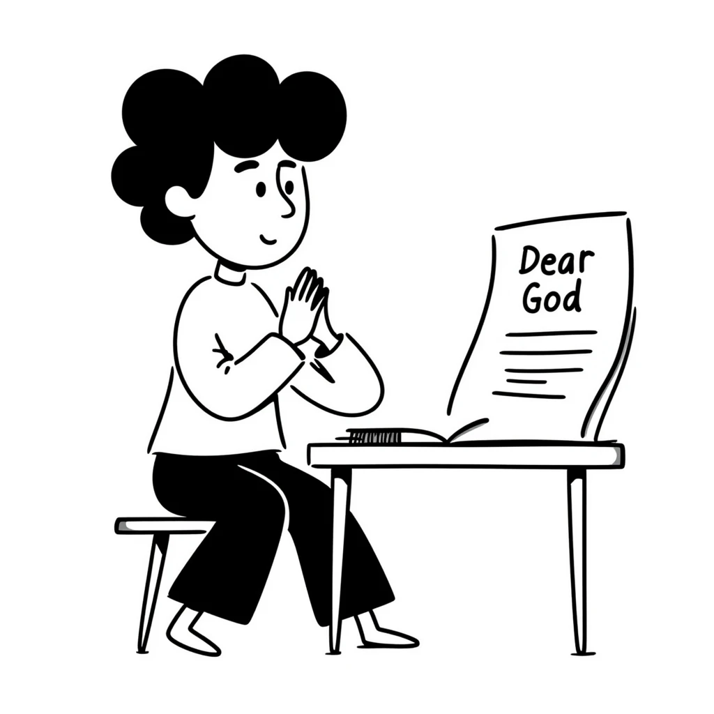 Person with prayer hands next to a paper that clearly shows "Dear God" written at the top of an essay emoji