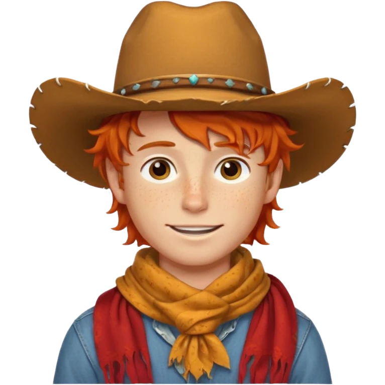 a wavy orange hair boy wearing a cowboy hat with a mischievous grin and freckles with western red scarf on his neck emoji