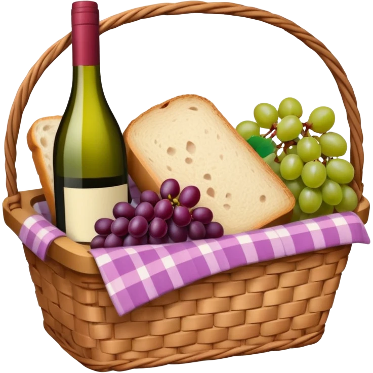 Food Basket, Pink basket, plaid lining, with both food, drink and fruits emoji