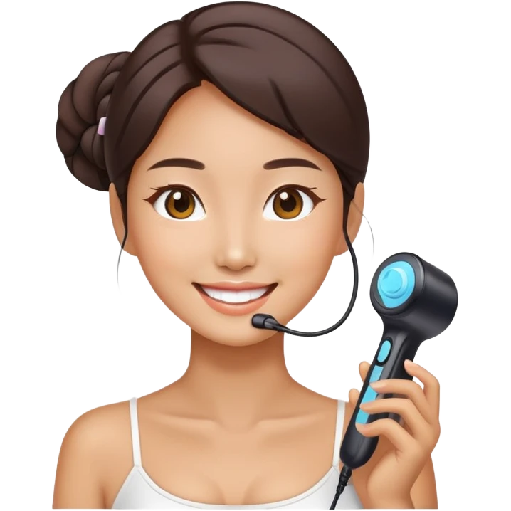 smiling Korean woman doing skincare with beauty device, emoji style emoji
