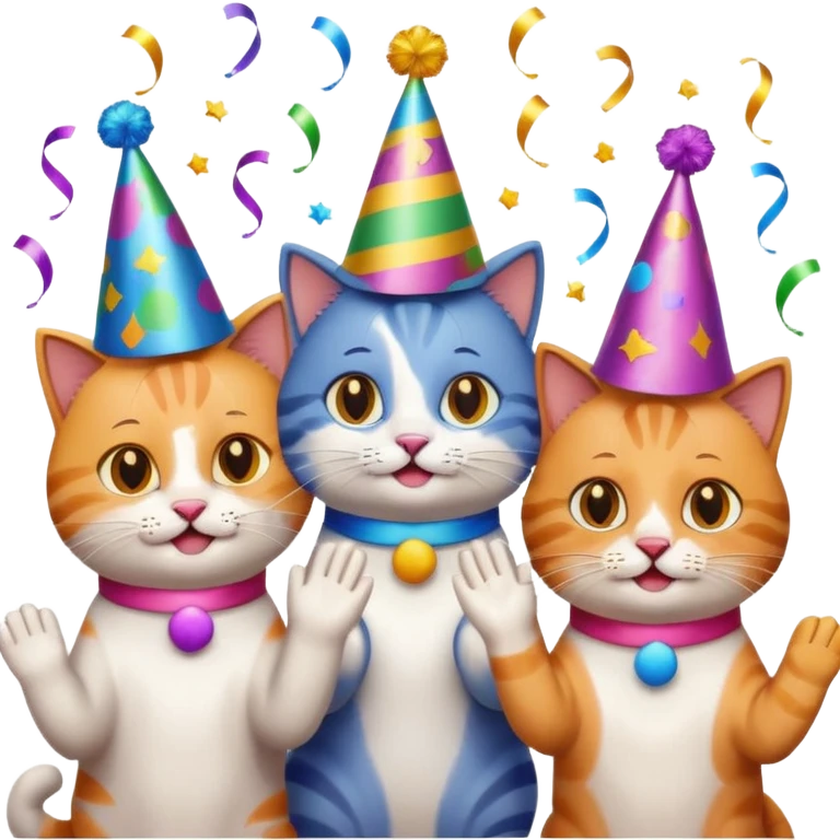 five cats clapping for one other cat in the center, festive birthday party, emoji style emoji