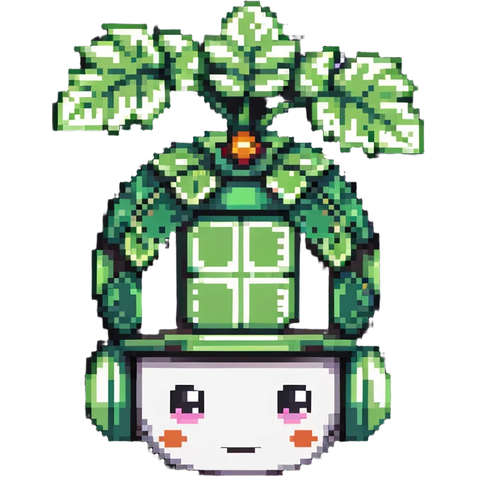 Green bomberman head only, round helmet with leaf-like antenna, cute white face, friendly eyes, pixel art style emoji