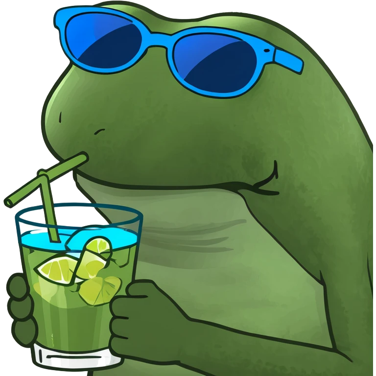 Bufo frog with blue sunglasses, sipping a green cocktail, in bufo style, transparent background emoji
