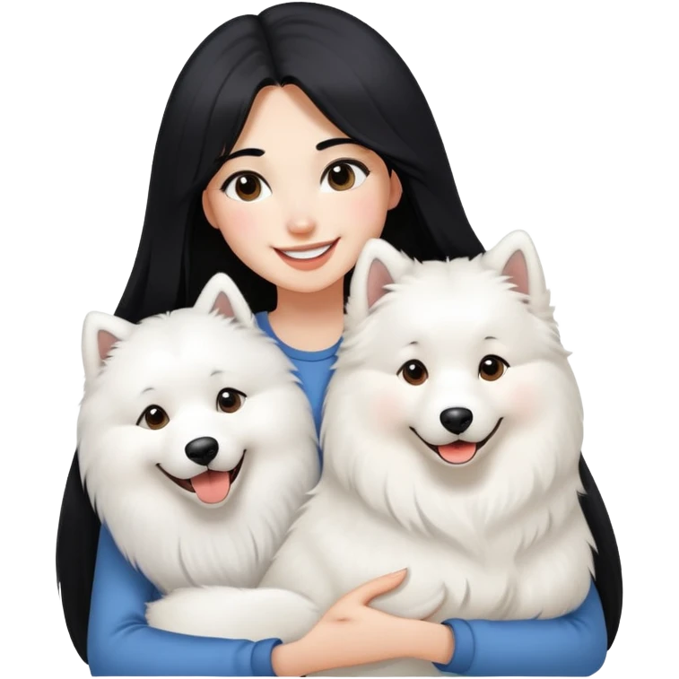 A beautiful girl with long straight black hair and a Samoyed dog in her arms, showing a smile of liking.  emoji