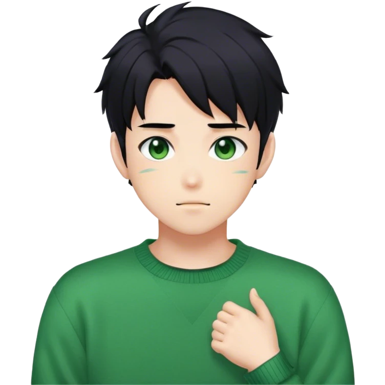 Gorgeous green sweater black hair anime style shojo guy with blushing face and gamer, aesthetic, trending style outside  emoji
