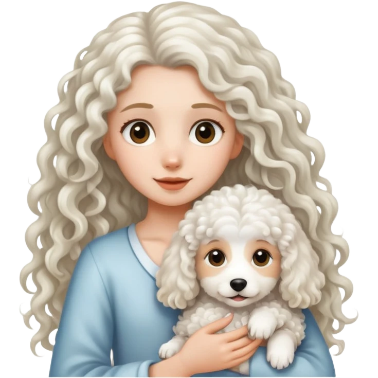 Long-haired girl holding a white curly haired dog emoji