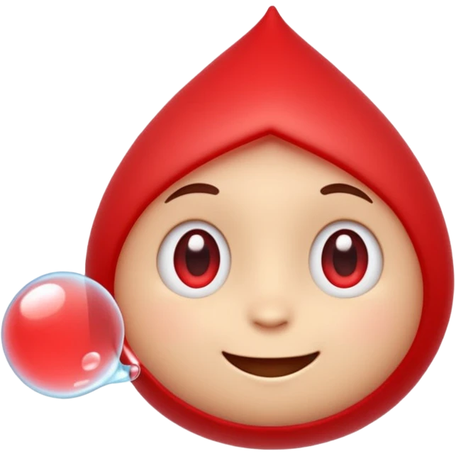 Cute red emoji character shaped like a droplet or jelly bean, with expressive eyes and a clever smile. Holding a small compressed bubble of content, like a tiny scroll or speech balloon. Symbolizes fast, smart summarization. Friendly and modern look, minimal lines, clean white background. emoji