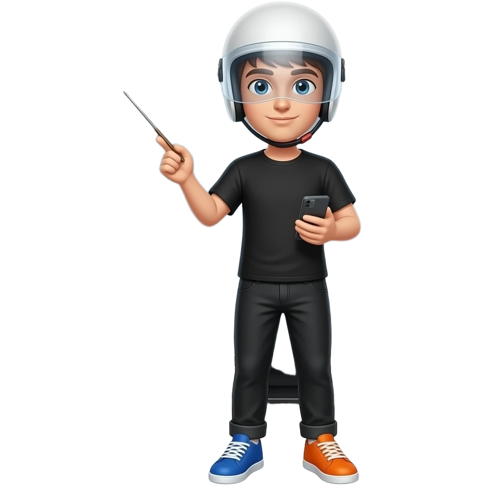 a young man in black t-shirt and a black pants wearing a white helmet with unvisible vision, the right shoe is colored blue and the left shoe is colored orange, the right hand holds a pointer and the left hand is holding a handy, he stand in front of a tv emoji