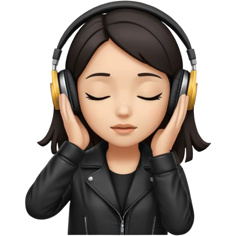 Girl with dark hair, wearing a black leather coat, wearing headphones, her hands are on her ears, and her eyes are close emoji