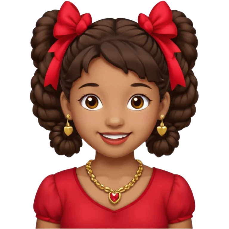 Brownskin girl dark brown hair fluffy. pigtails with red bows brown eyes smiling closed mouth red shirt gold esrrings gold necklace emoji