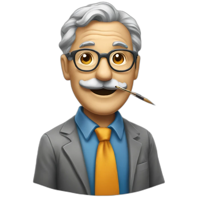smiling old painter wearing a big grayl horeshoe mustache and glasse. he has a paintbrush in his hand. he wears color shirt and tie emoji