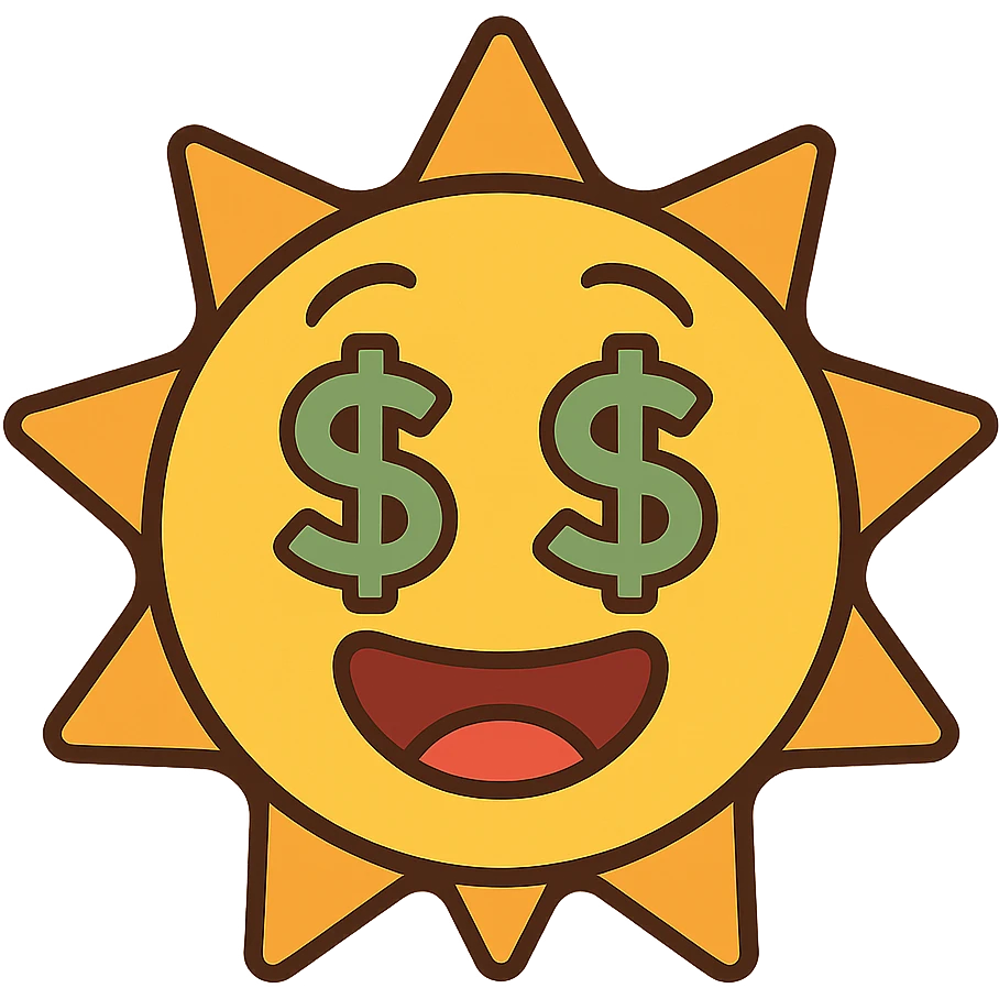 bright shining sun emoji with dollar signs, flat modern style, bright saturated colors with greens, golds, reds, yellows, minimal but expressive, universal look emoji