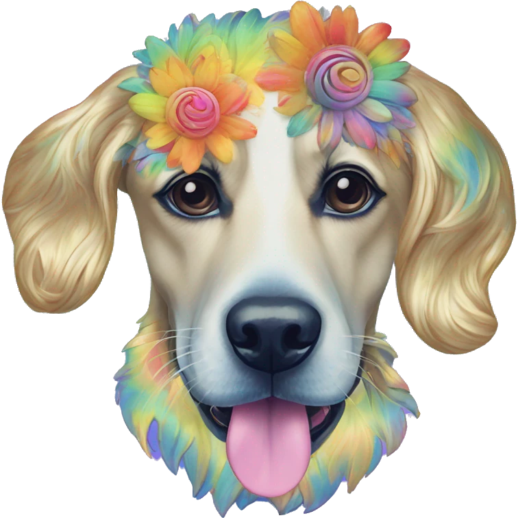 Multicolored rainbow retro groovy tie dye hippie trippy floral patterns on a metallic holographic iridescent blue dog face head unicorn emoji