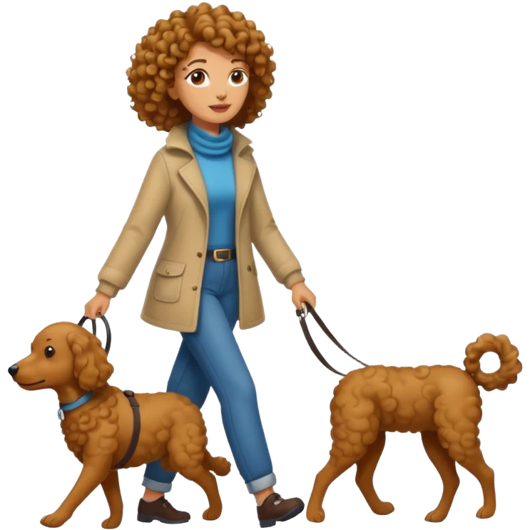 dog man getting walked by tan woman with curly hair emoji