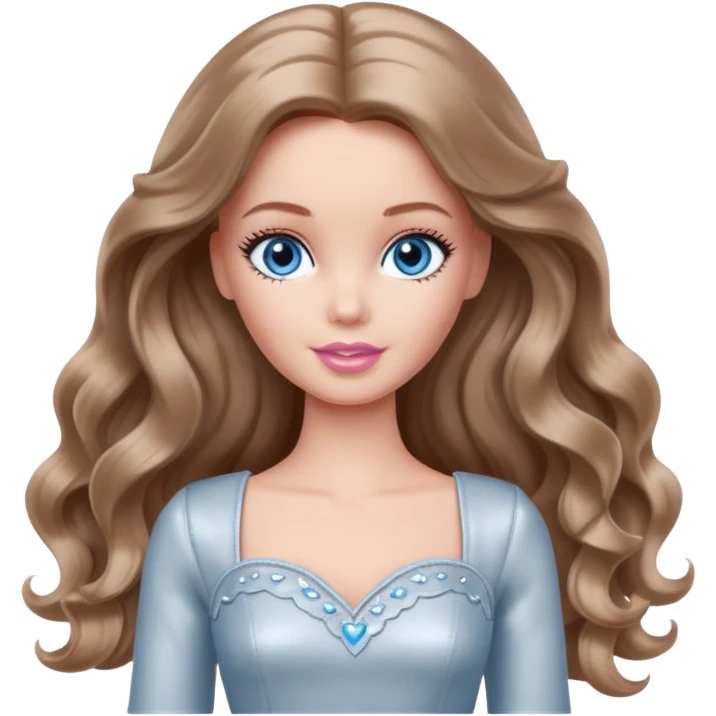There are grey hearts all around Barbie girl Chestnut long wavy hair and blue eyes is In pale silver clothes emoji
