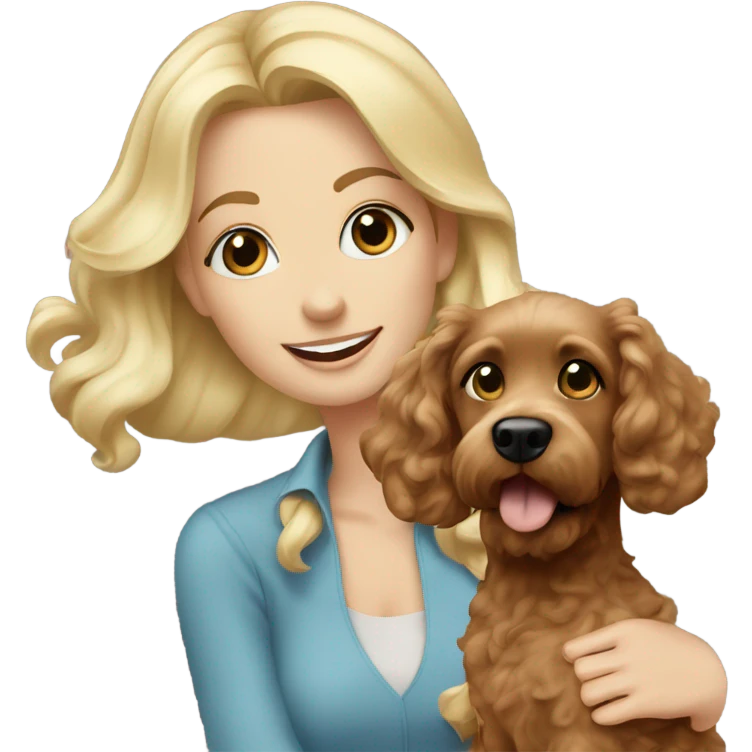 blue eyed blonde lady with brown Cockapoo puppy dog emoji
