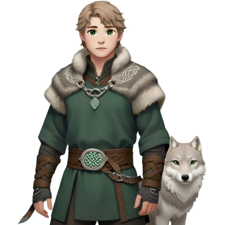 Medieval winter outfit worn by a DnD themed fantasy male character. Heavy charcoal wool tunic with arctic wolf fur lining, adorned with intricate iron clasps and a thick leather belt with celtic knotwork. Clothes only above the waist, full waist coverage. The character has no arms. Character is white-skinned with light brown hair, gray-green eyes, and short wavy hair dusted with winter's touch. emoji