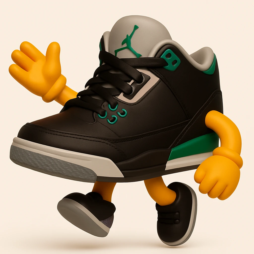 Create a sneaker character with no face, arms and legs, in a jumping pose, inspired by 3D emoji style. The style should reflect the look of Microsoft style 3D fluent emojis, focusing on the sneaker character's dynamic jumping pose. emoji