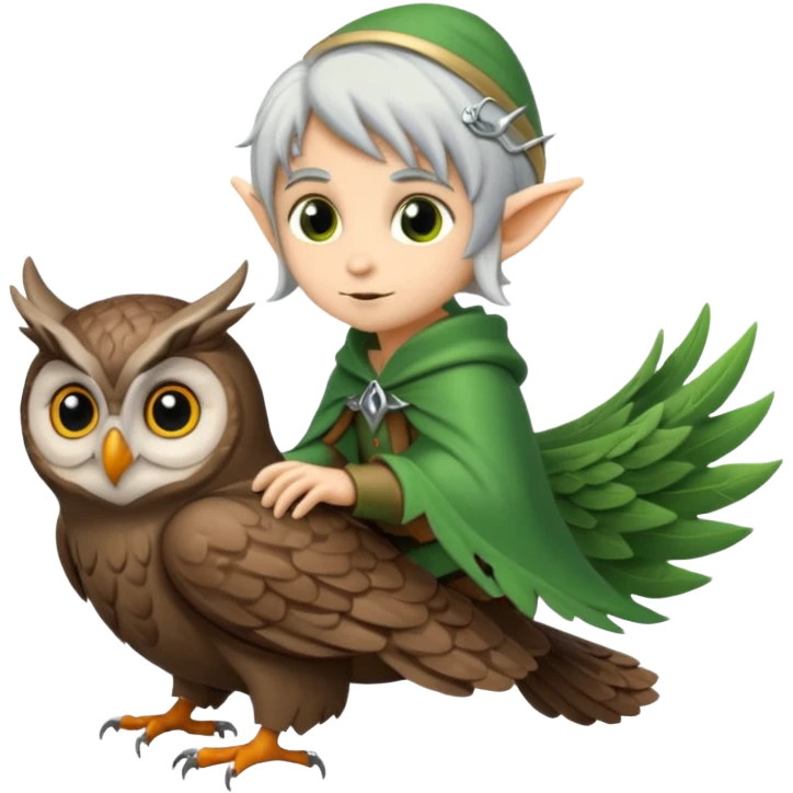 tiny forest elf with silver hair riding owl emoji