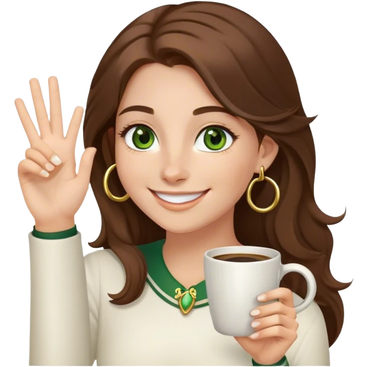 Long, Brown haired girl with middle hair part, green eyes, gold hoop nose ring, smiling, waving with one hand, coffee mug in the other emoji