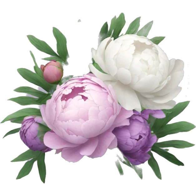 Bouquet with pink, purple and white peonies, with green wild foliage emoji