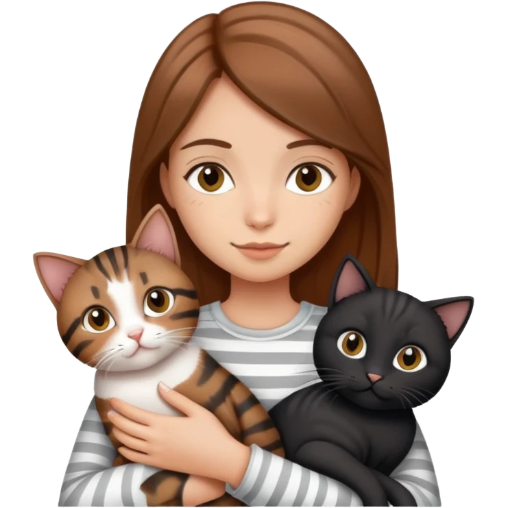 tan brown-haired girl holding two cats, one black cat and one grey-striped cat emoji