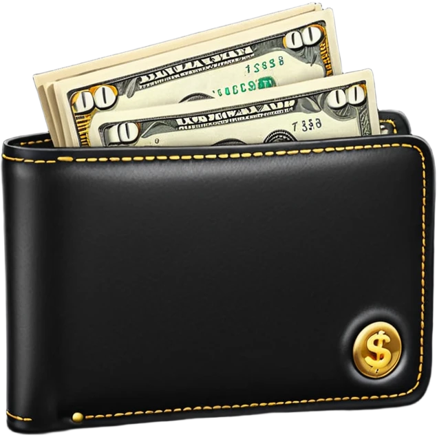 Rich emoji style black leather wallet with dollar bills, luxury money vibe, premium 3D emoji, ultra clean, high detail, no background emoji