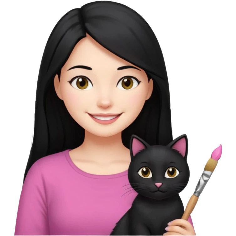 Painting women. smilling   Long black hair,  lunette peinture top pink, pinceau with is black cat  emoji
