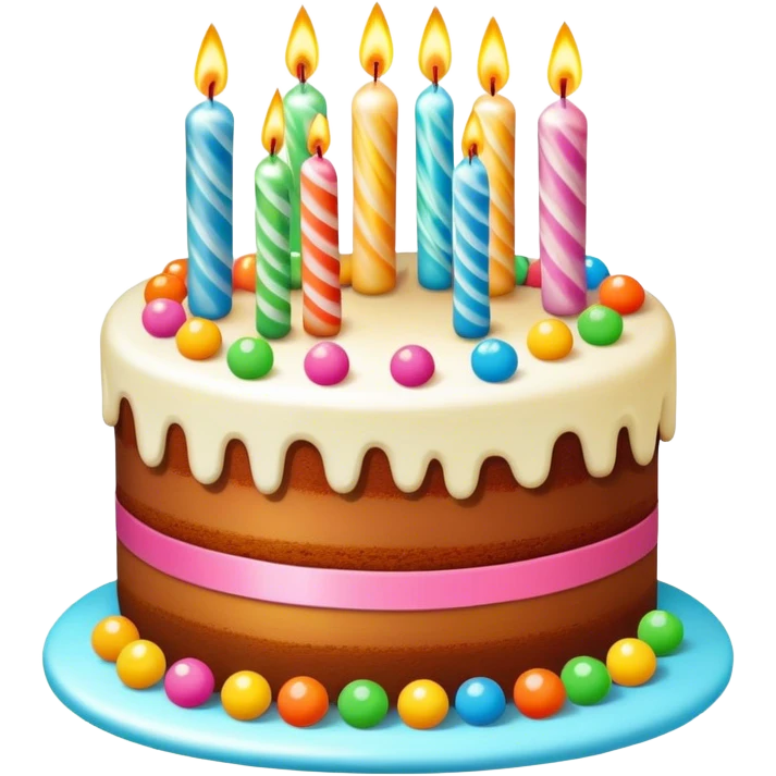 Colorful layer birthday cake with candy, bumble gums balls and sparkling candles emoji