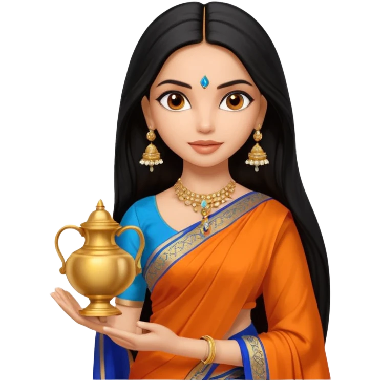 generate a pretty bratz Deepika Padukone with long black hair middle parted.
Wearing an orange saree with a blue blouse, golden jhumkas
SHe shoudl look like deepika padukone. dark brown eyes and carrying an urn emoji