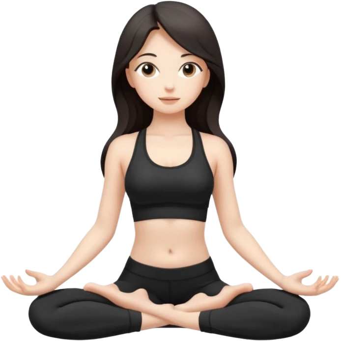 Девушка белокожая, с длинными темными волосами, в черной одежде для йоги, стоит в позе лотоса, в стиле бимбо пилатес, правильные пропорции, только человек emoji