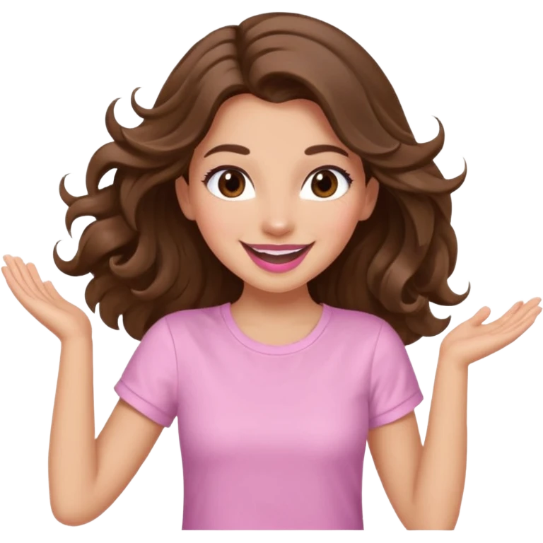girl with wavy long brown hair, brown eyes, light to medium complexion, long lashes, light pink lipstick, smiling, wearing light pink shirt, dancing emoji