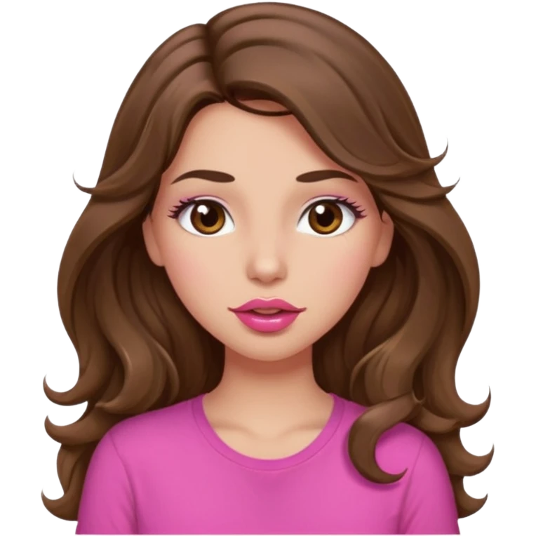 girl with long wavy brown hair, brown eyes, light to medium complexion, in a pink shirt, pink lips, long lashes, puckering lips kissing, winking emoji