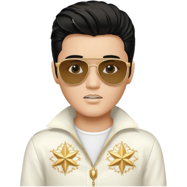A boy with an Elvis Presley mask with sunglasses dressed as Elvis Presley emoji