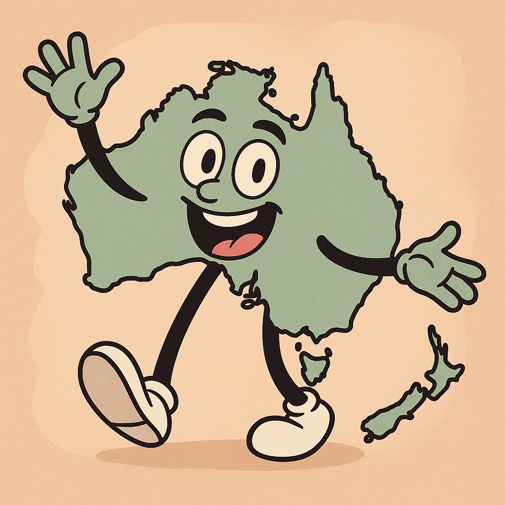 Oceania continent, cartoon style, playful look emoji
