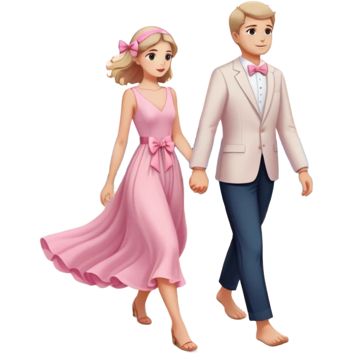 Elegant girl with a beautiful flowy dress delicate pink bow and man walking on the beach together in Montenegro sunset holding hands  emoji