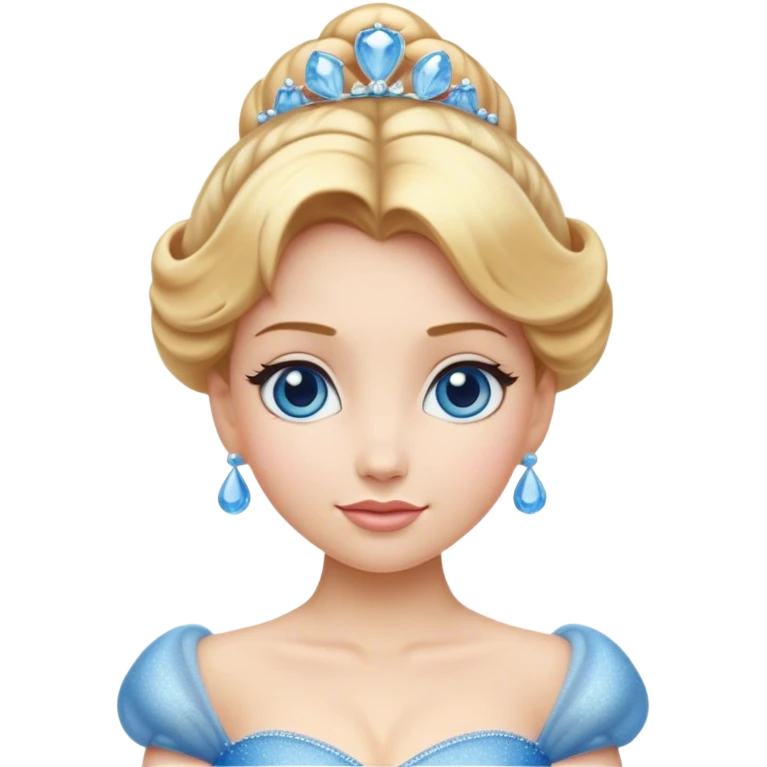  "Cinematic Adorable Elegant Cinderella Portrait Emoji, Head tilted gracefully with sparkling blue eyes, delicate fair skin, and elegantly styled golden-blonde hair in a soft updo, wearing her signature shimmering blue ball gown (chest and above). Simplified yet regal features, highly detailed, glowing with a soft, enchanting radiance, high shine, serene and graceful, stylized with a touch of fairy-tale elegance, bright and endearing, soft glowing outline, capturing the essence of a timeless princess, so magical it feels like she could waltz into a dream!" emoji