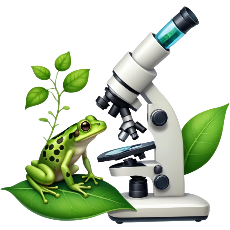 An icon featuring a DNA strand, a microscope with visible cells, and a green leaf, symbolizing biology. The design includes animal cells, plant structures, and a frog, representing the study of living organisms and ecosystems. Transparent background highlights life sciences and biological research. emoji