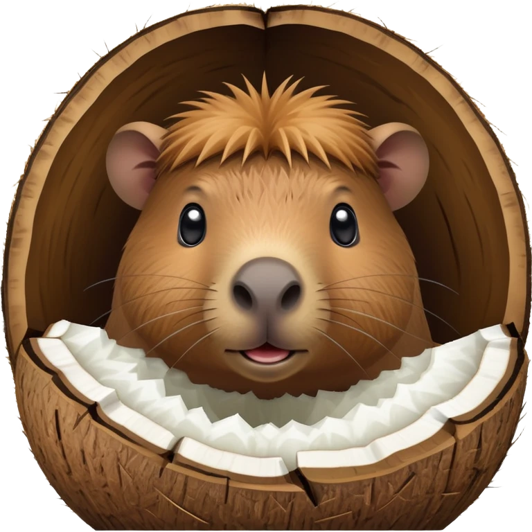 A cute capybara peeking out from inside a cracked open coconut shell emoji