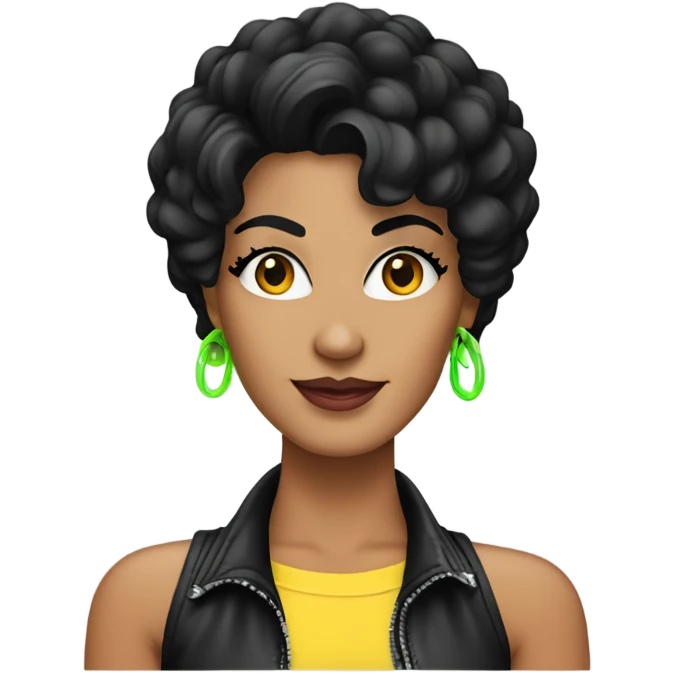 Tanned woman with black hair dressed in 1980s rock hair, makeup, and neon attire  emoji