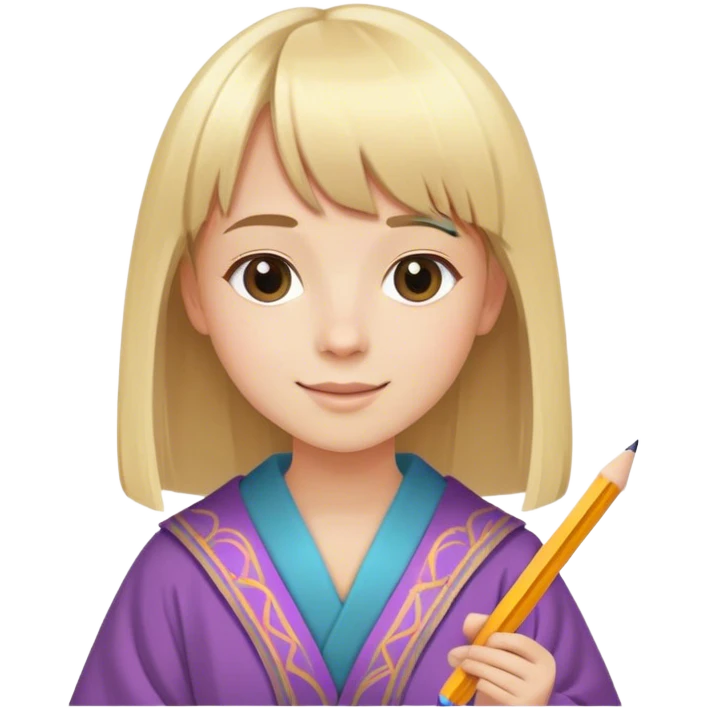 young happy artist with straight blonde hair and bangs, with pencil ad paper and colorated robe emoji