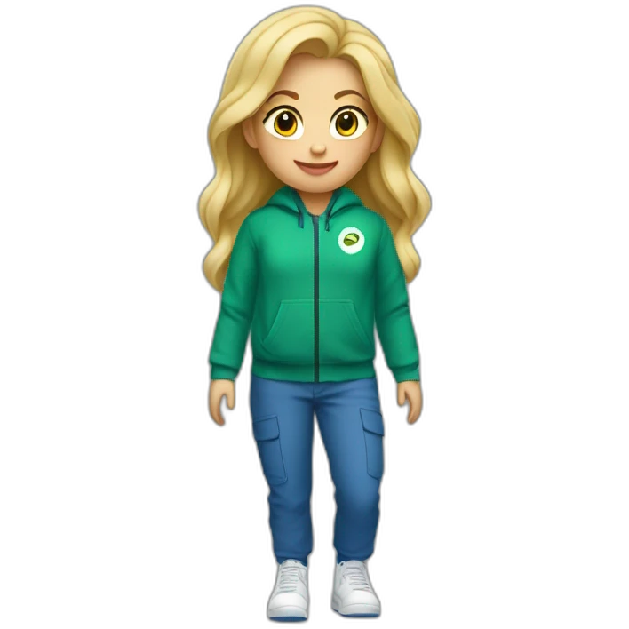 Een meisje met blond haar een groene trui en een blauwe cargo broek en witte nike emoji
