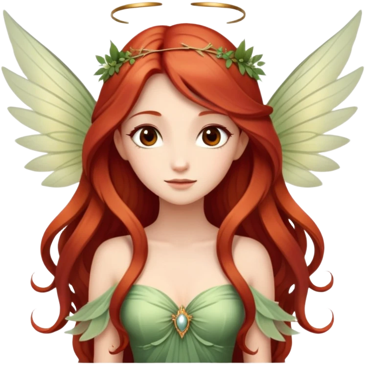 Une magnifique fée avec de belles ailes une magnifique robe naturelle avec de très long cheveux roux et elle est élégante et des yeux marrons  emoji