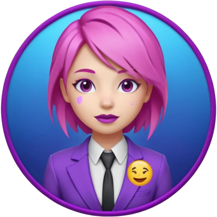 Cute 3D emoji-style girl sexy character with pink hair and purple eyes, inside a circular badge. No hands, no pose. Clean purple suit with a glowing neon-blue ‘C’ logo on the chest, small lightning accent. Smooth Apple-style lighting, friendly expression emoji
