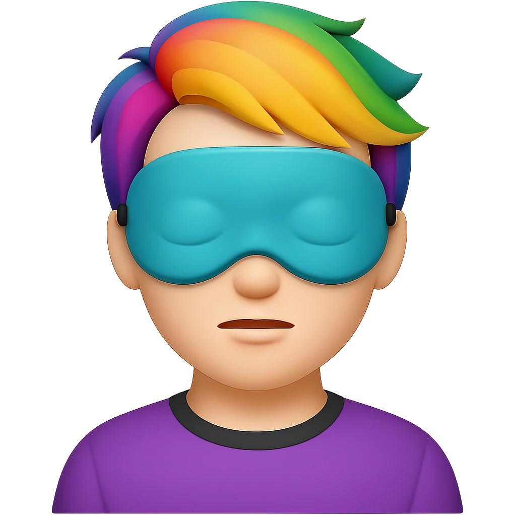 Apple emoji style man with a sleep eye mask fully covering his eyes, colorful hair, no pillow, no background emoji