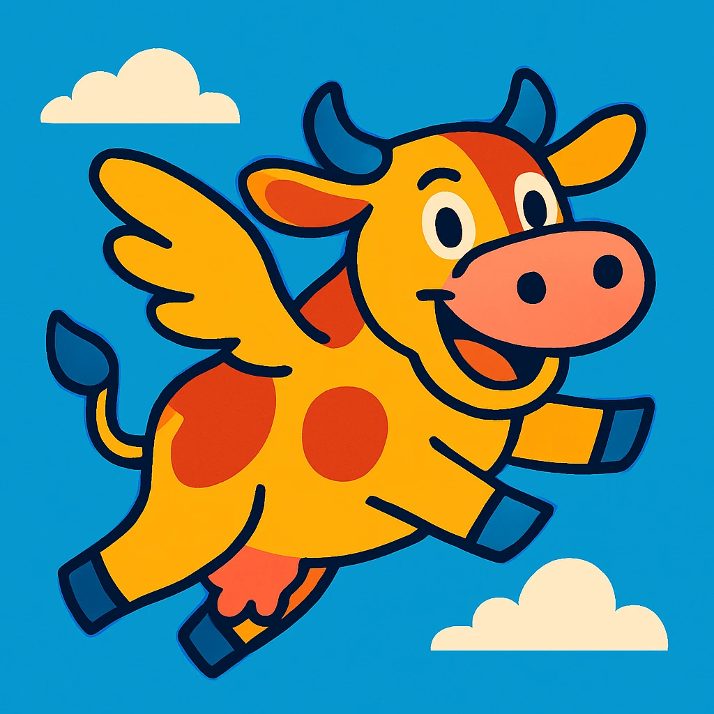 a flying cow, vibrant cartoon style, blue sky background emoji